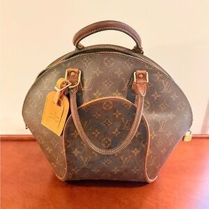 Louis Vuitton Ellipse MM Shoulder Bag Brown Canvas Luggage Tag Zipper Replaced